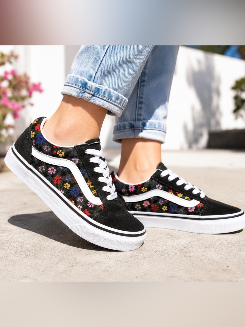 Vans Kids Floral Old Skool Skate Lace-Up Sneakers Black Suede Canvas Youth 13.5